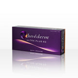 Box carton of Juvederm Ultra Plus XC injectable hyaluronic acid dermal gel filler, with 1mL volume syringe inside.