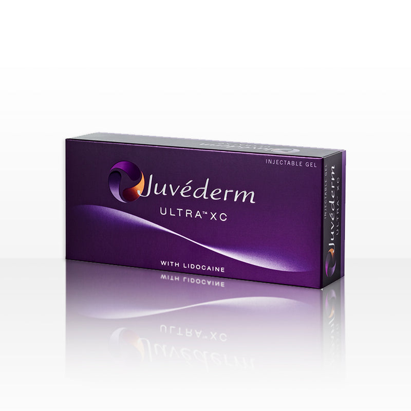 Box carton of Juvederm Ultra XC injectable hyaluronic acid dermal gel filler, with 1mL volume syringe inside.