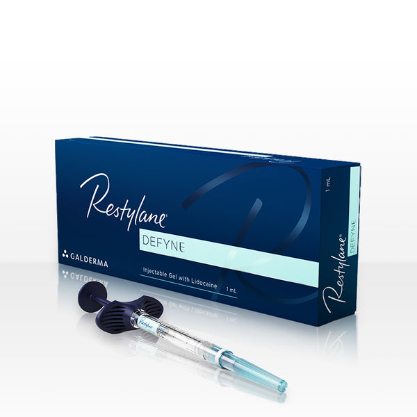 Box carton of Restylane Defyne injectable hyaluronic acid dermal gel filler, with 1mL volume syringe.