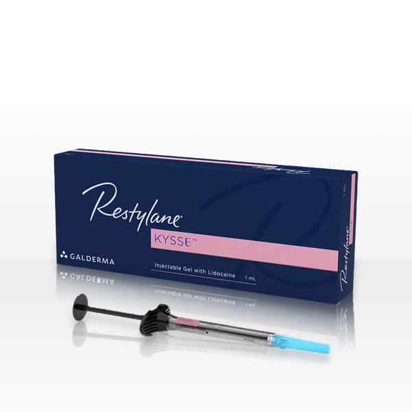 Box carton of Restylane Kysse injectable hyaluronic acid dermal gel filler, with 1mL volume syringe.