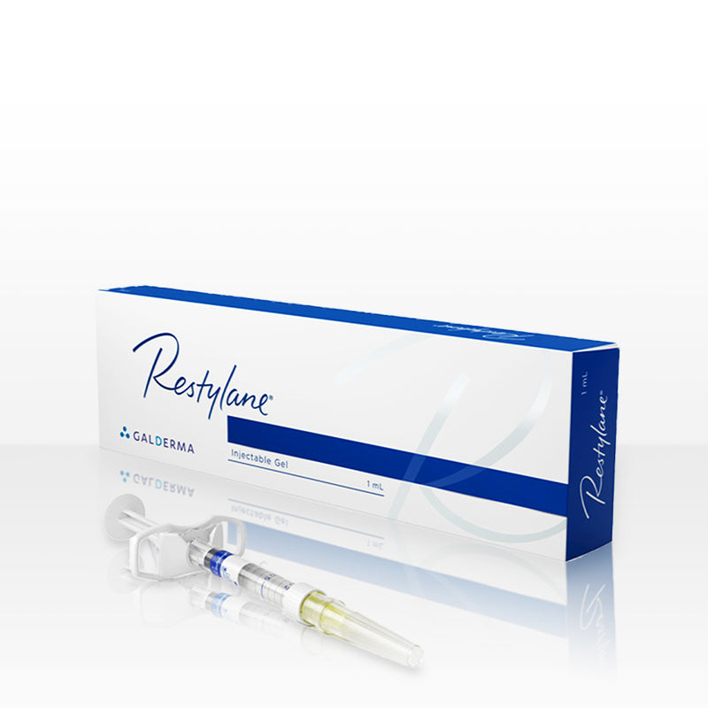 Box carton of Restylane L injectable hyaluronic acid dermal gel filler, with 1mL volume syringe.
