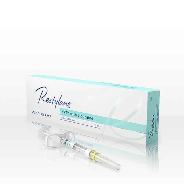 Box carton of Restylane Lyft injectable hyaluronic acid dermal gel filler, with 1mL volume syringe.