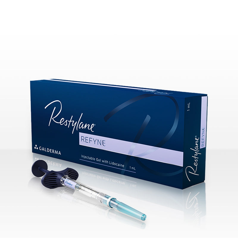 Box carton of Restylane Refyne injectable hyaluronic acid dermal gel filler, with 1mL volume syringe.