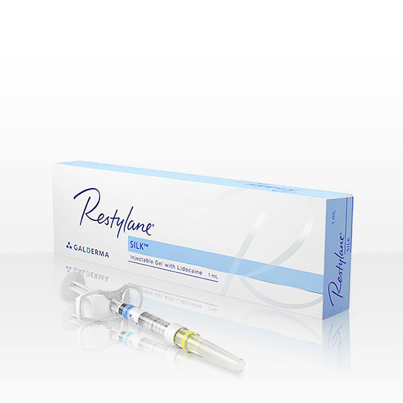 Box carton of Restylane Silk injectable hyaluronic acid dermal gel filler, with 1mL volume syringe.